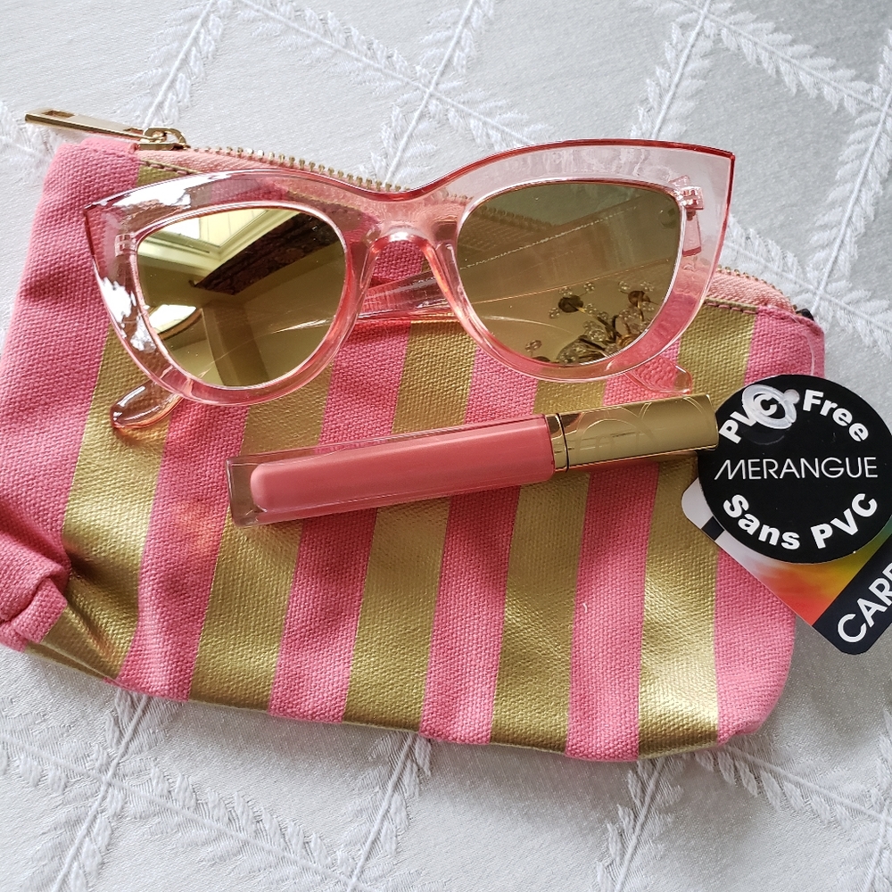 1950's Vibe cat's eye sunglasses, Estee lipgloss + carrying pouch.